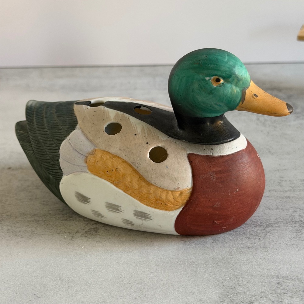 Vintage Ceramic Mallard Duck Pencil Holder Figurine Taiwan Office Desk Decor